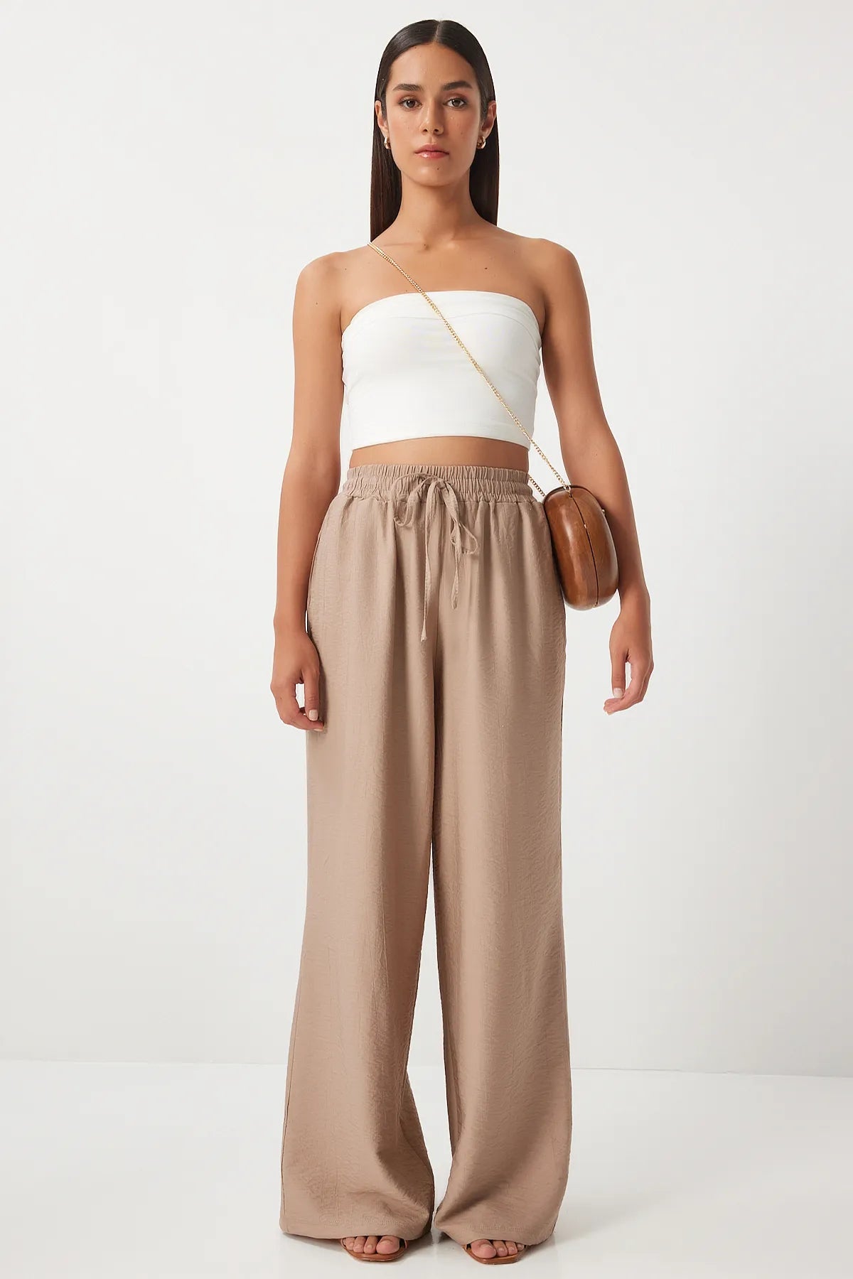 Beige Wide Leg Comfortable Ayrobin Trousers - Lebbse