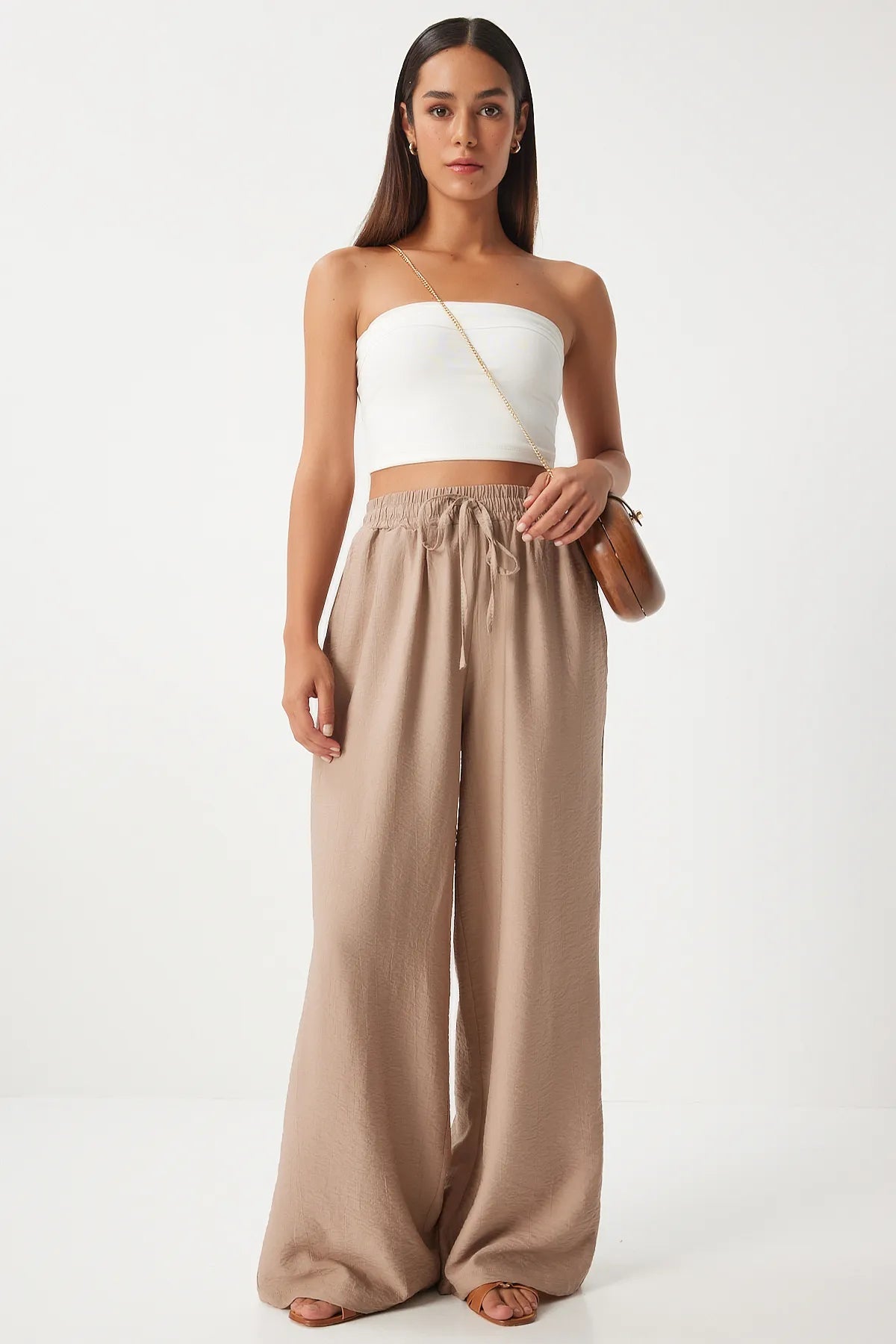 Beige Wide Leg Comfortable Ayrobin Trousers - Lebbse