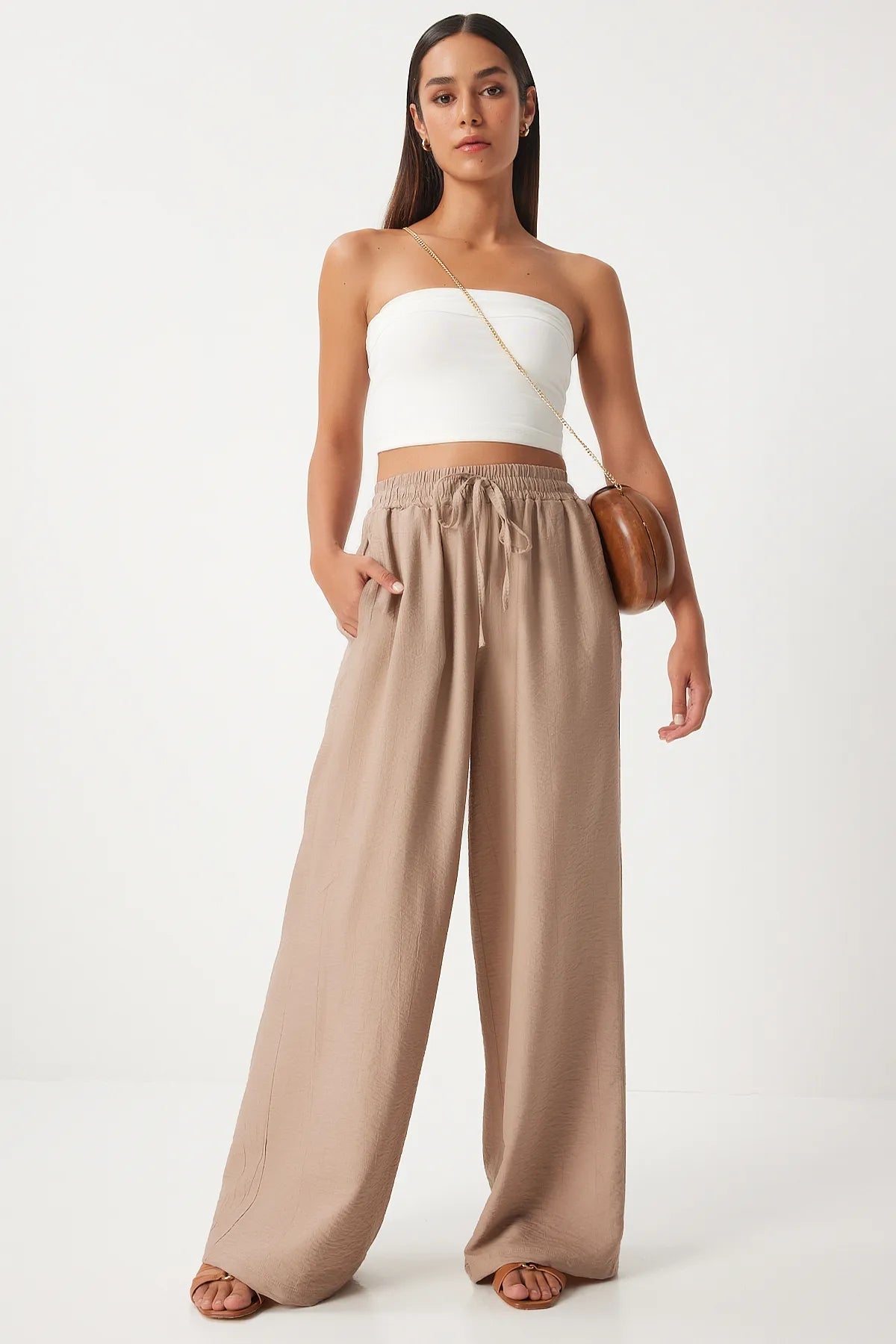 Beige Wide Leg Comfortable Ayrobin Trousers - Lebbse