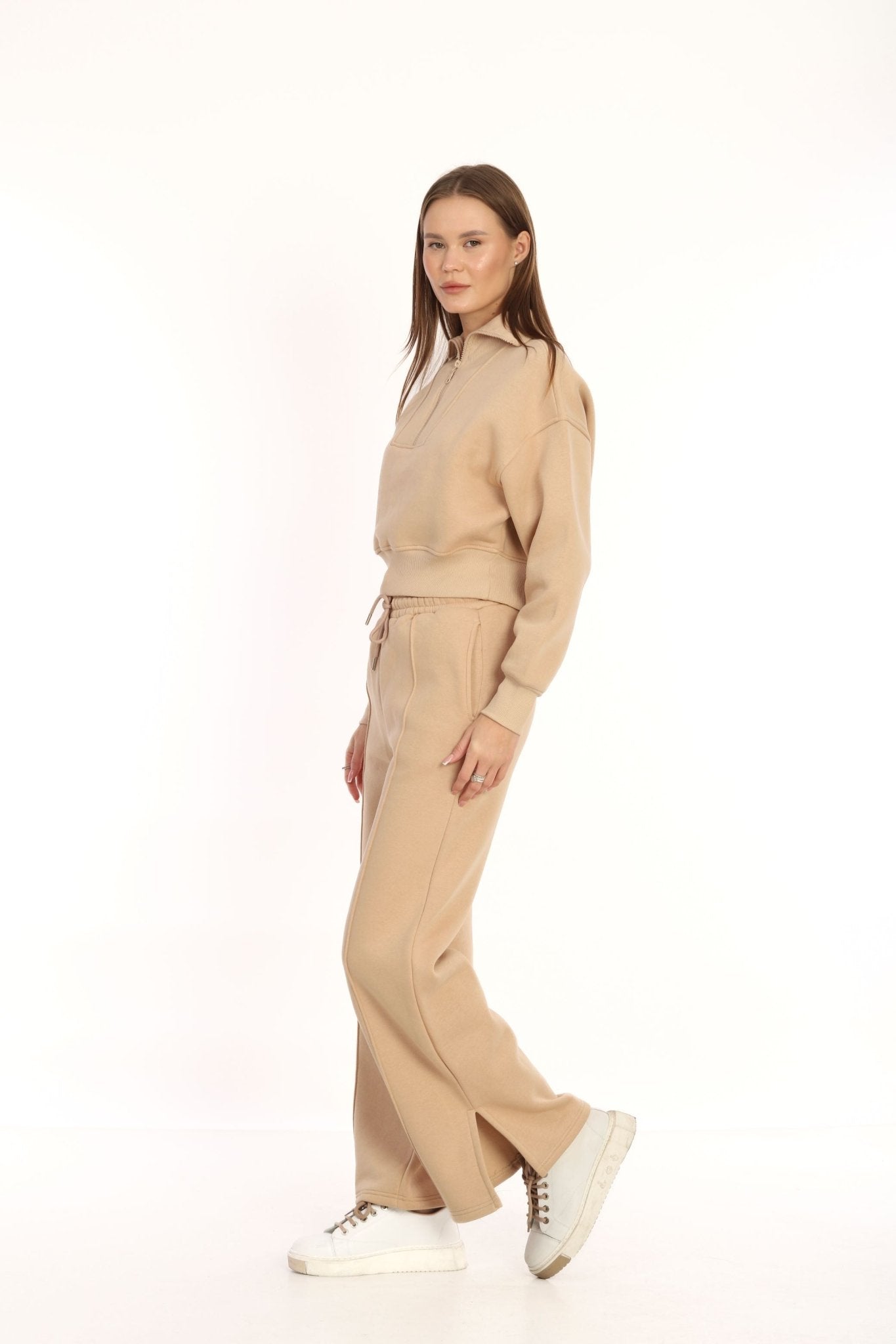 Beige Zipper Detail Tracksuit - Lebbse