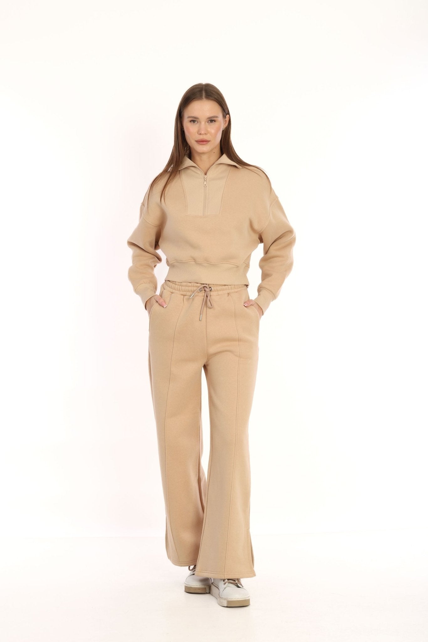 Beige Zipper Detail Tracksuit - Lebbse