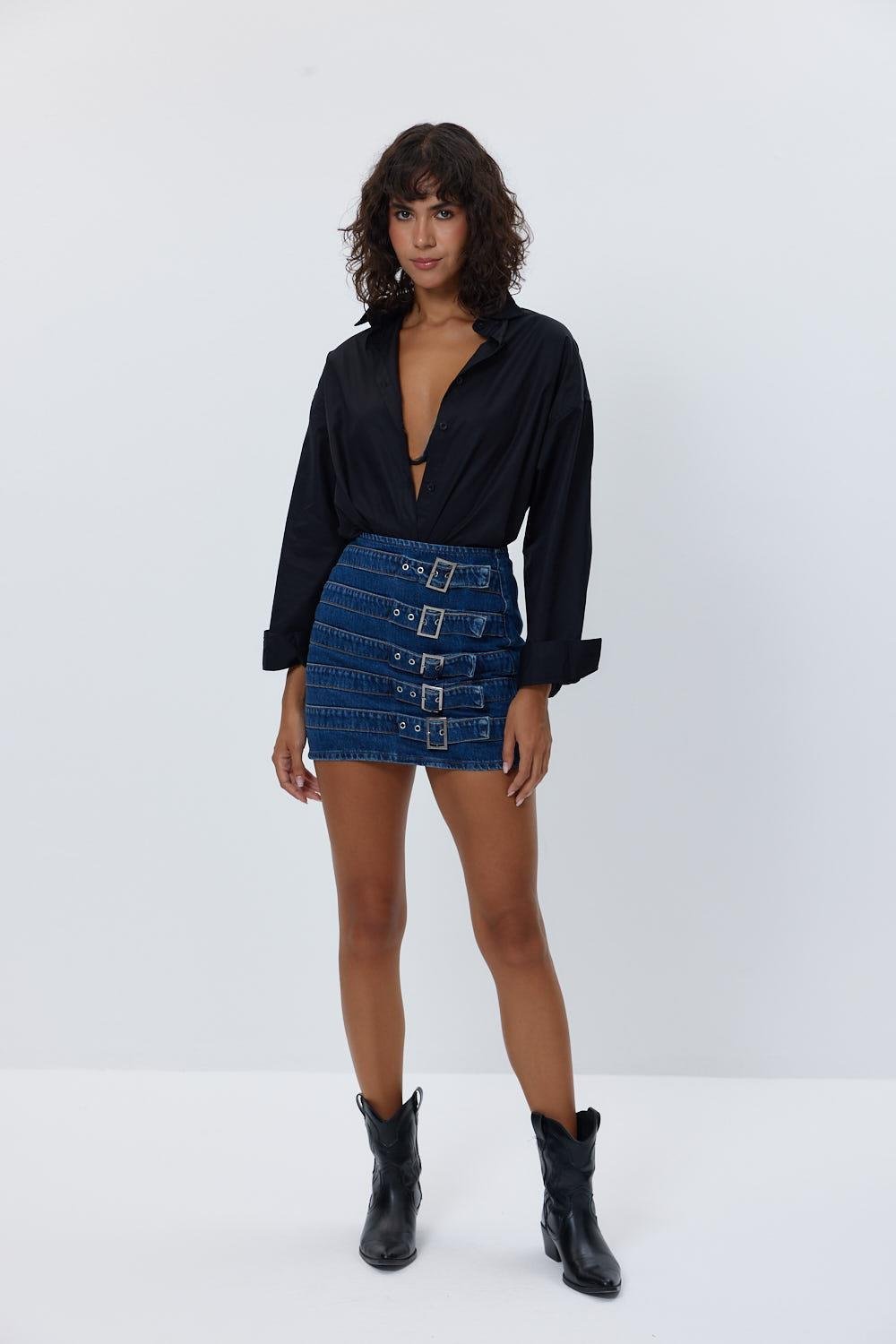 Belt Detailed Denim Dark Blue Mini Skirt - Lebbse