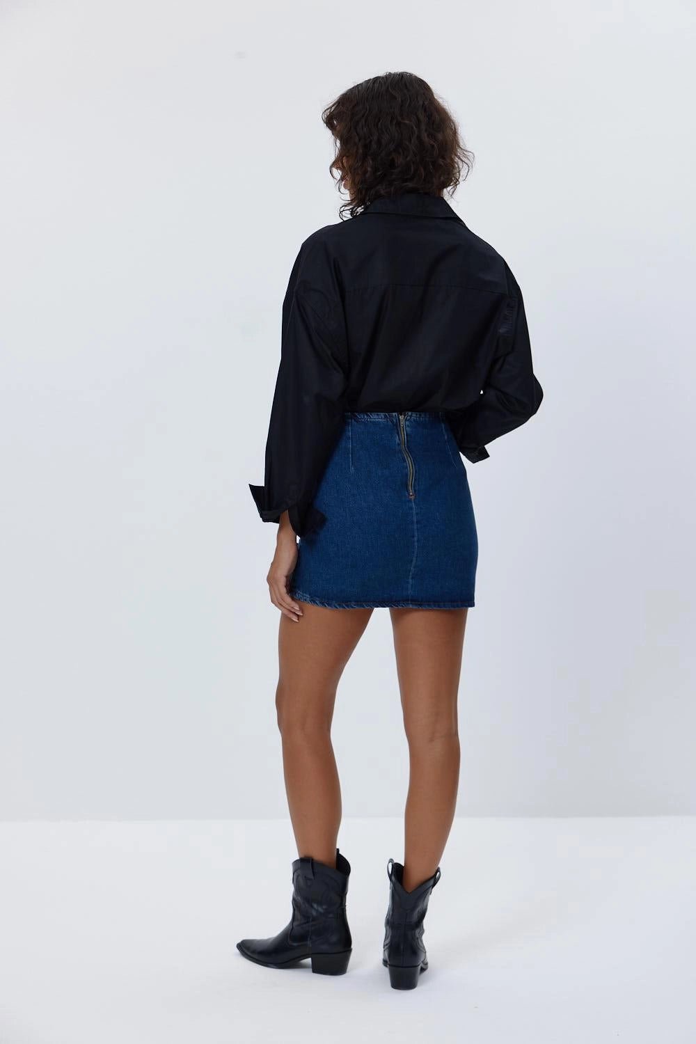 Belt Detailed Denim Dark Blue Mini Skirt - Lebbse