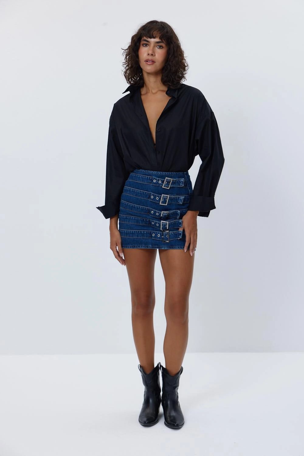 Belt Detailed Denim Dark Blue Mini Skirt - Lebbse