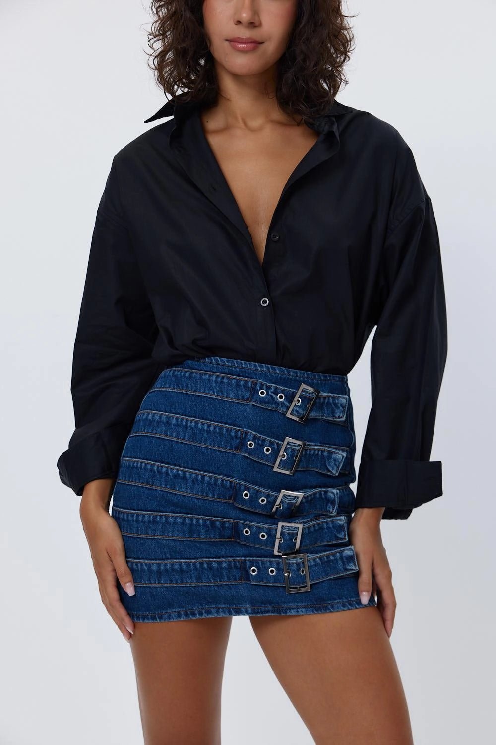 Belt Detailed Denim Dark Blue Mini Skirt - Lebbse