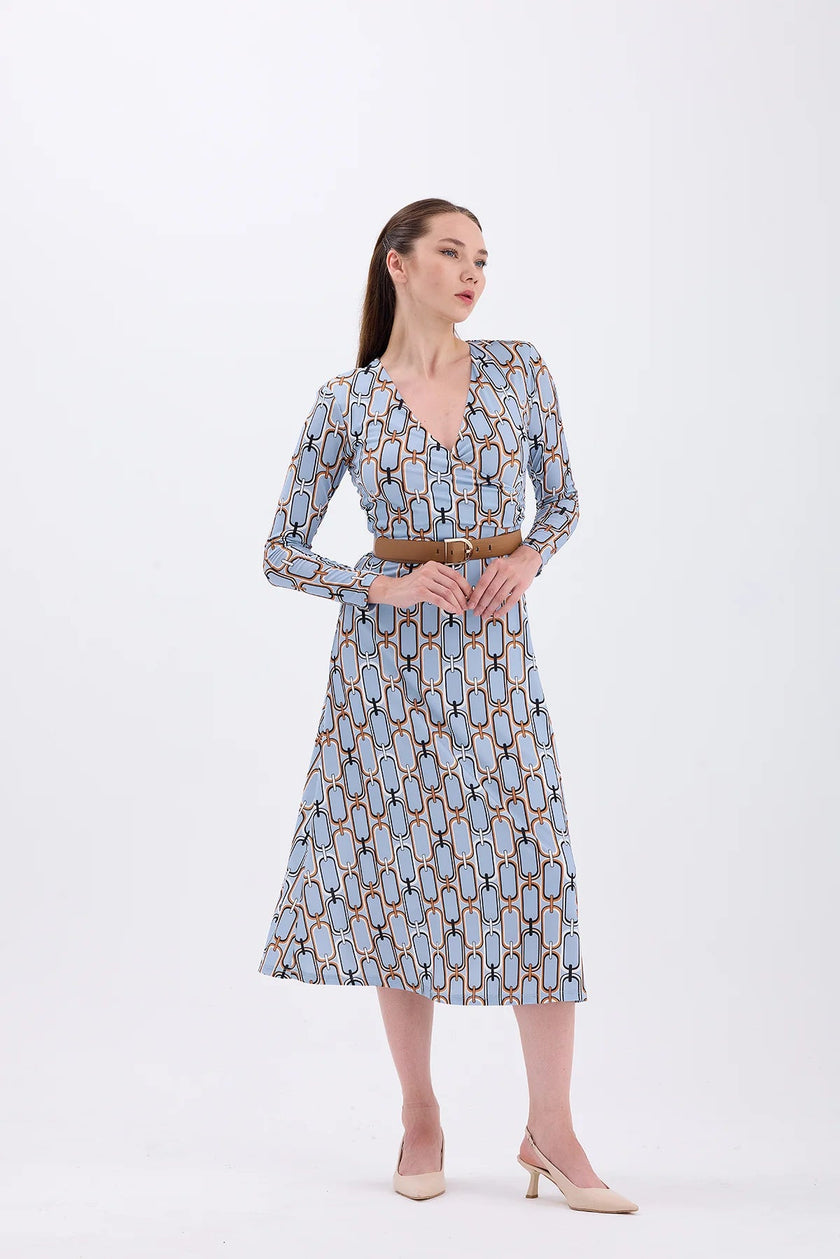 Belted Blue Casual Dress - Lebbse