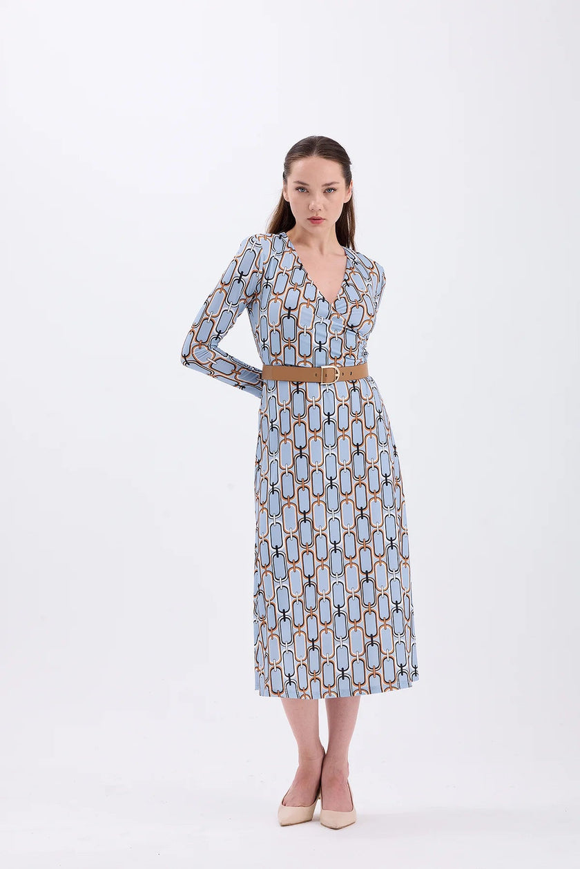 Belted Blue Casual Dress - Lebbse