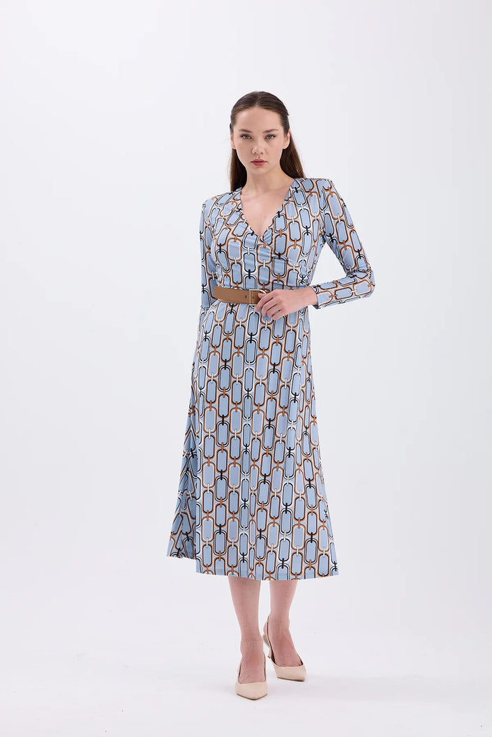 Belted Blue Casual Dress - Lebbse