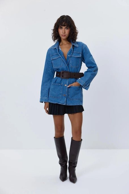 Belted Denim Blue Women's Jacket - Lebbse