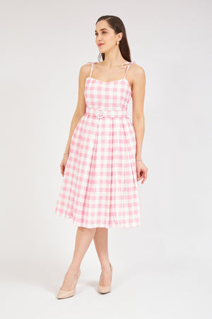 موديلات فساتين مخطط لون وردي - Belted Plaid Dress Pink