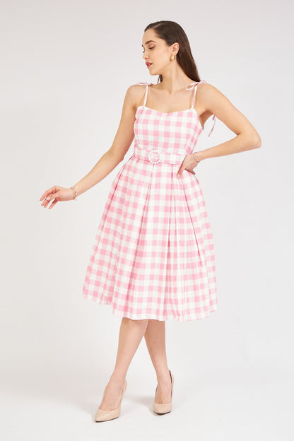 Belted Plaid Dress Pink - Lebbse