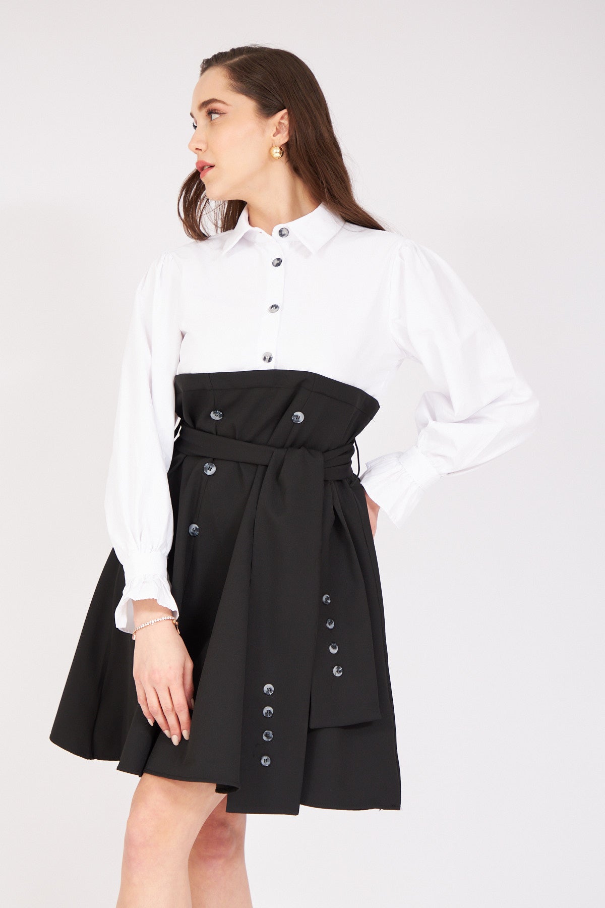 Belted Pleated Shirt Detail Dress - Lebbse