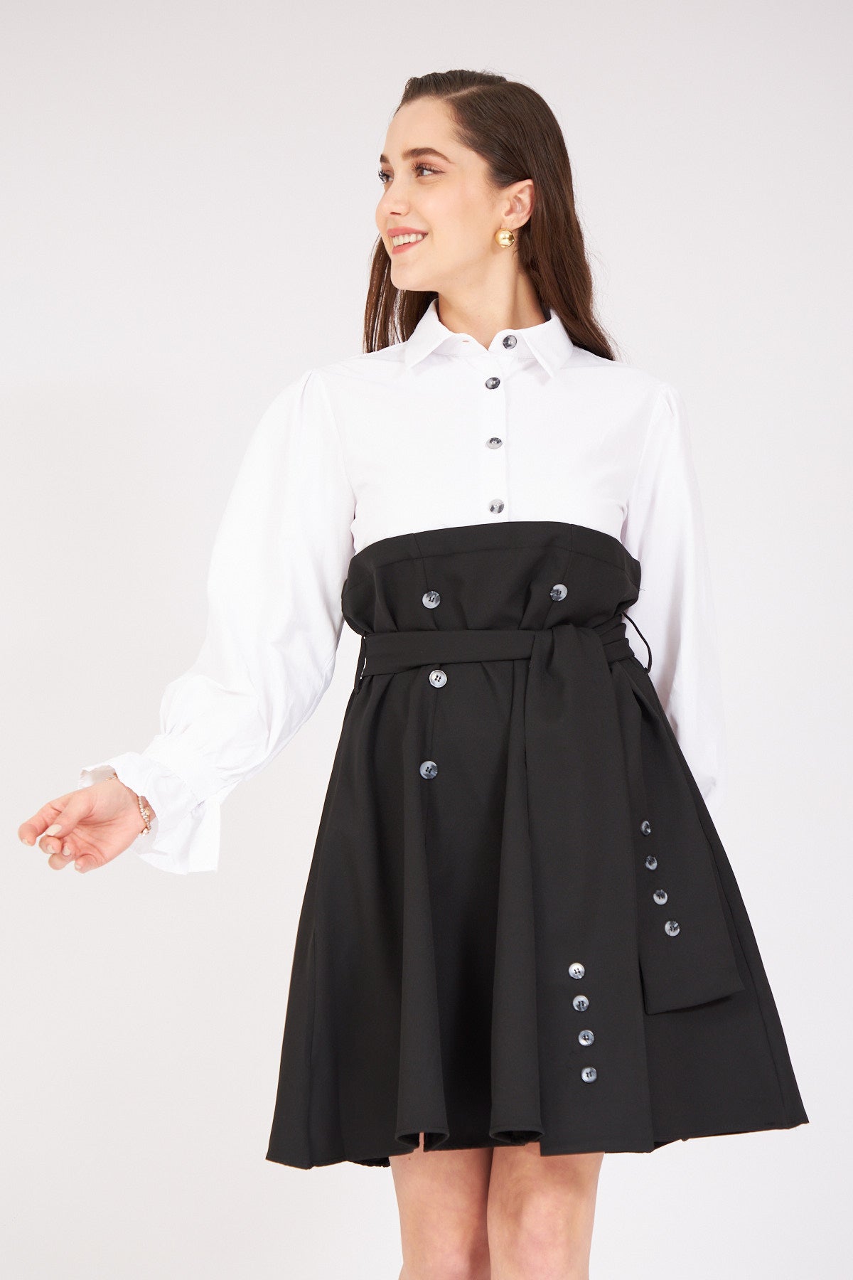 Belted Pleated Shirt Detail Dress - Lebbse