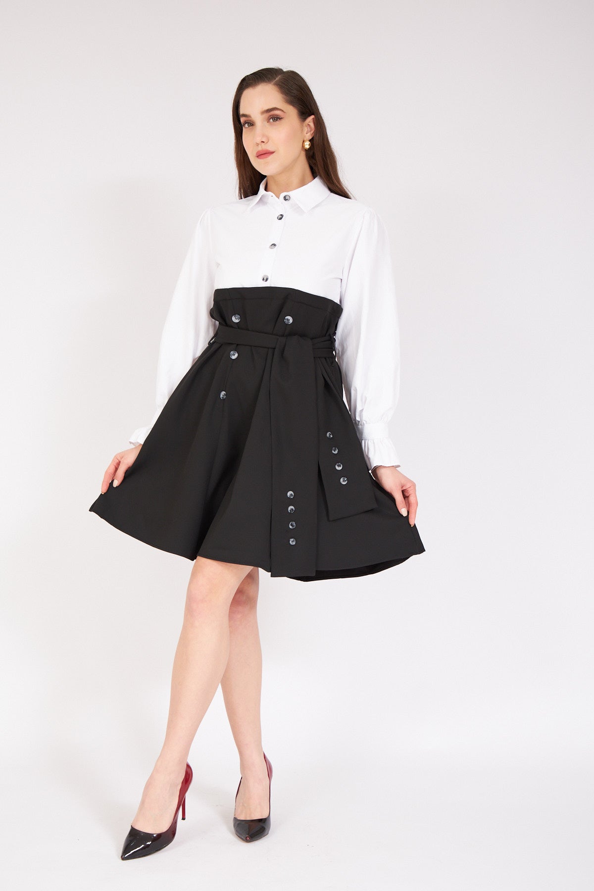 Belted Pleated Shirt Detail Dress - Lebbse