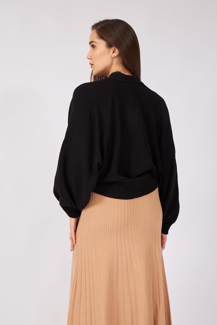 Black Bat Sleeve Zippered Design Cardigan - Lebbse