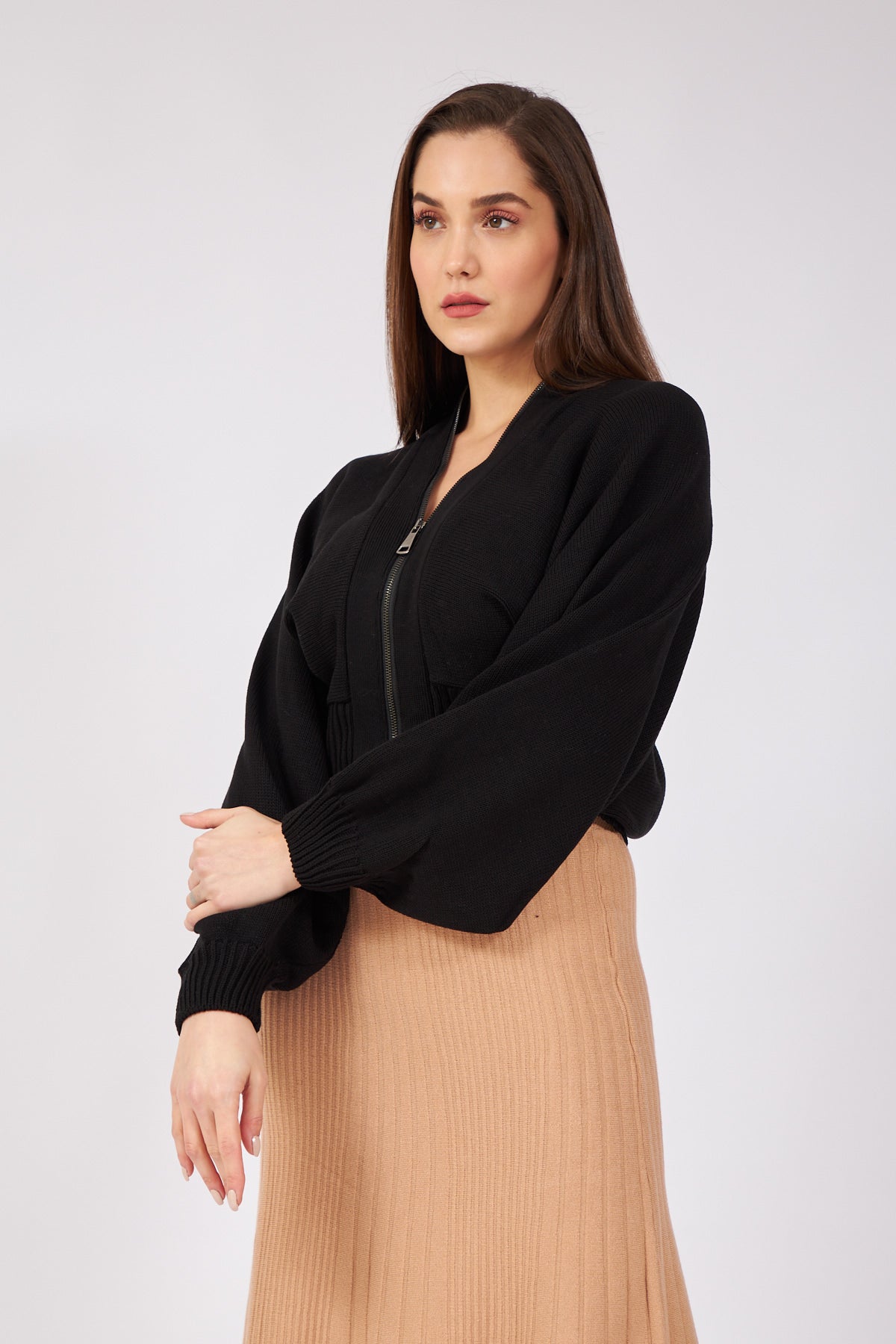 Black Bat Sleeve Zippered Design Cardigan - Lebbse