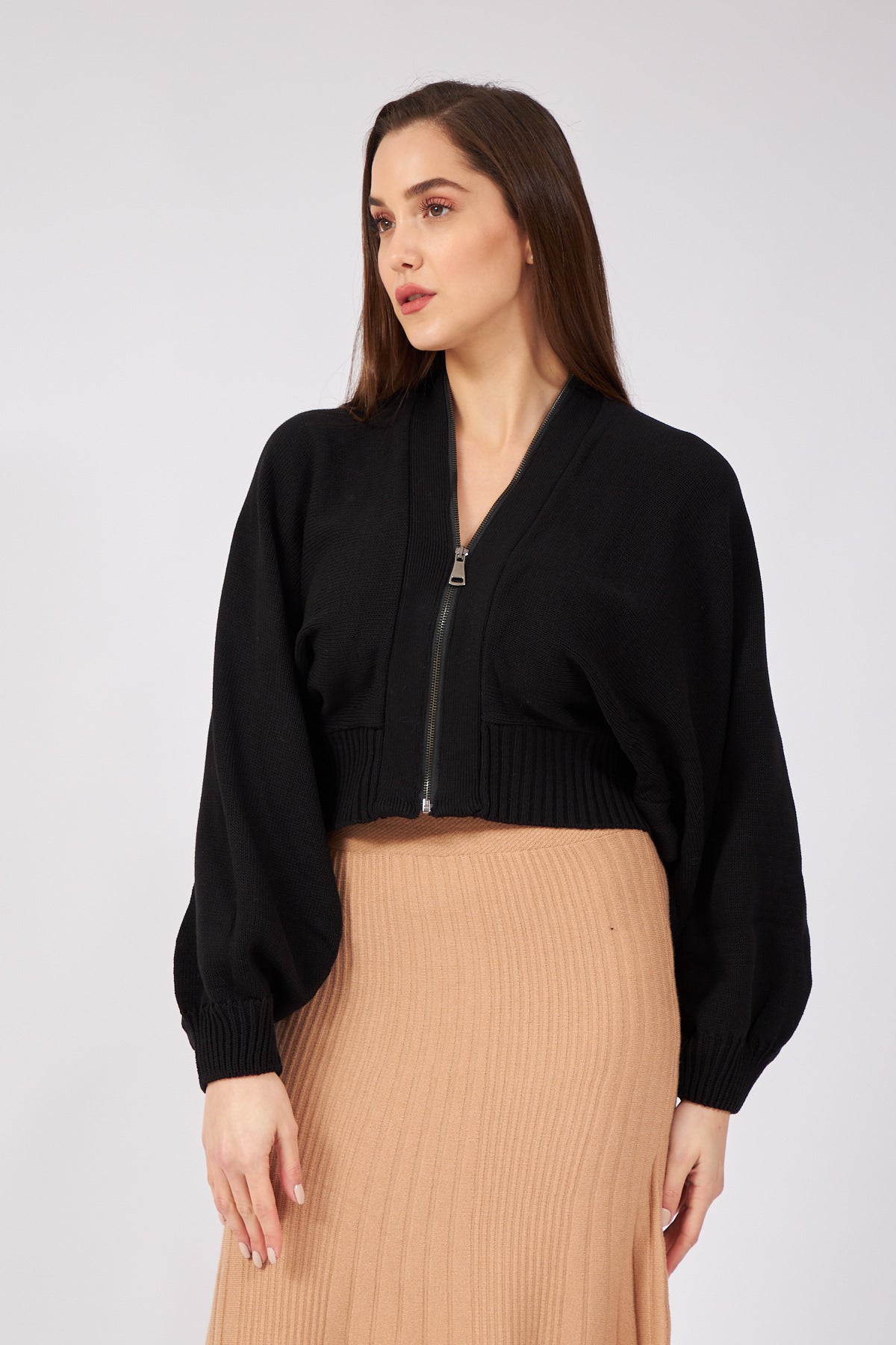 Black Bat Sleeve Zippered Design Cardigan - Lebbse