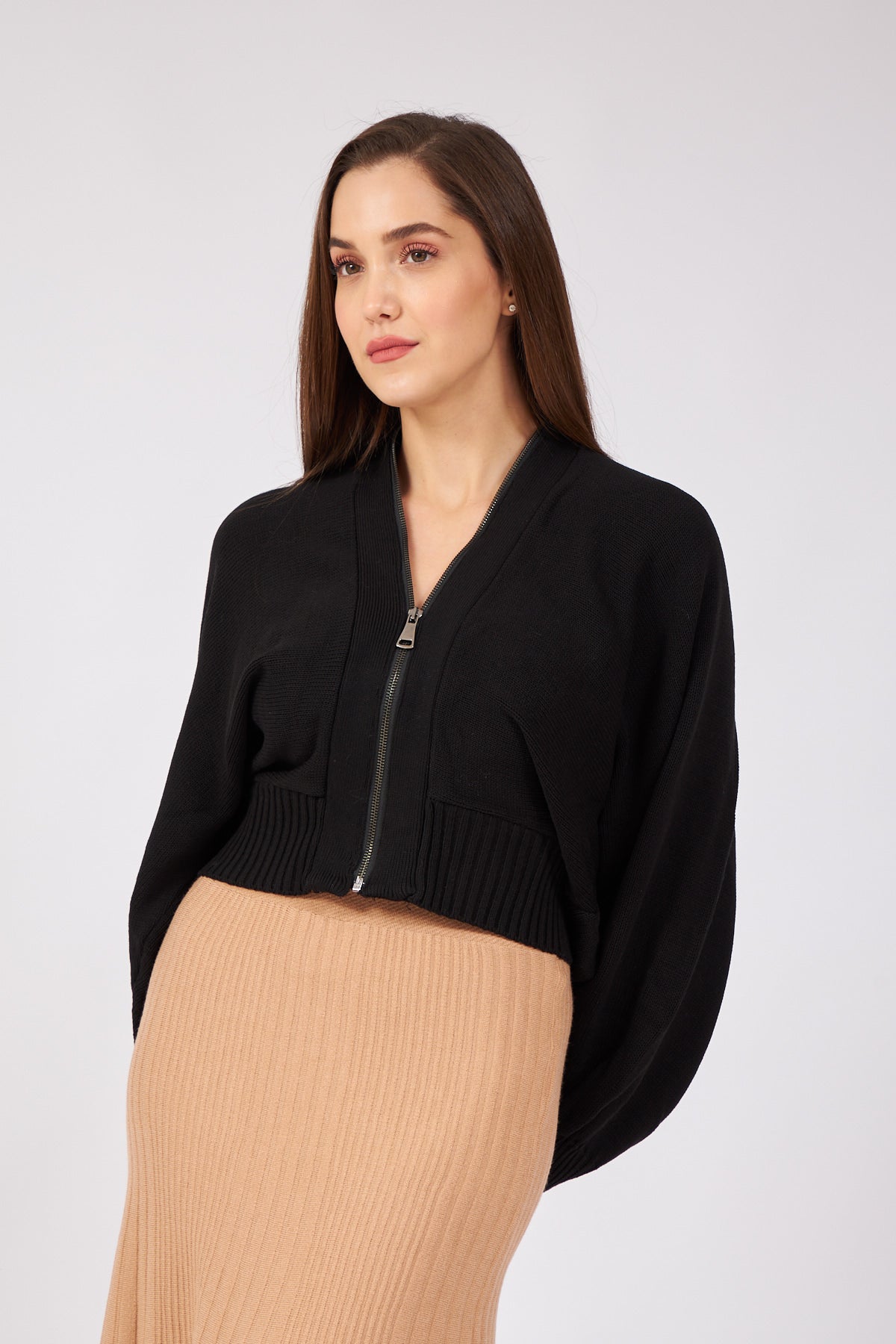 Black Bat Sleeve Zippered Design Cardigan - Lebbse