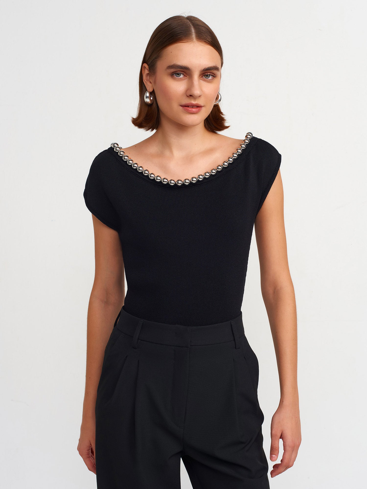 Black Boat Neck Beaded Knit Blouse - Lebbse