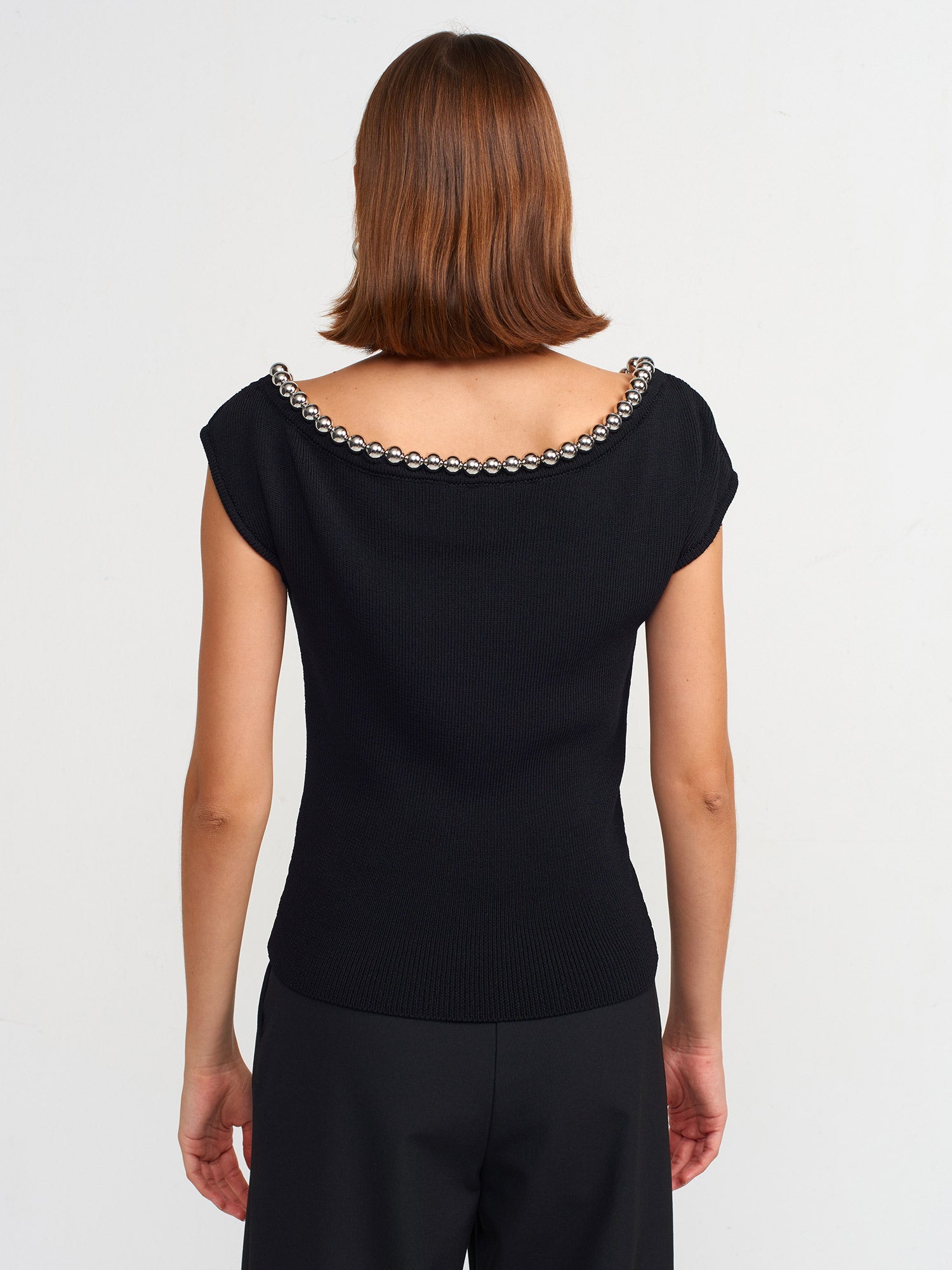 Black Boat Neck Beaded Knit Blouse - Lebbse