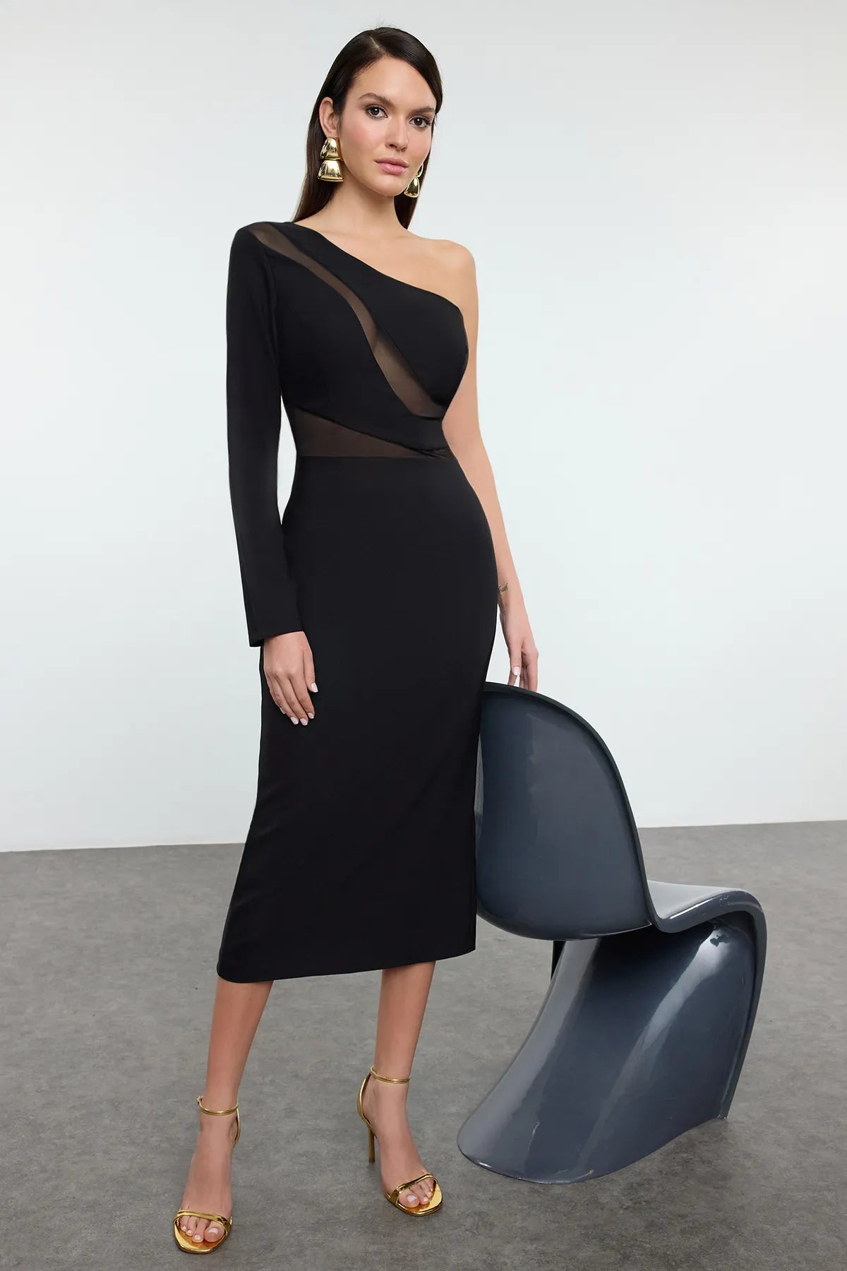 Black Body - fitting Transparent Detailed Single Sleeve Woven Dress - Lebbse