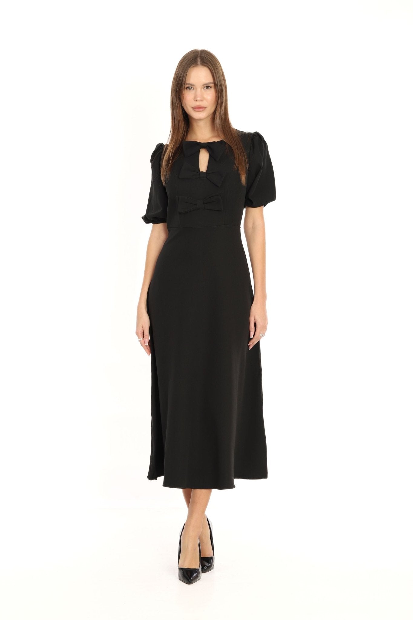 3- فستان سهرة اسود للمحجبات متوسط الطول - Black Bow Midi Dress