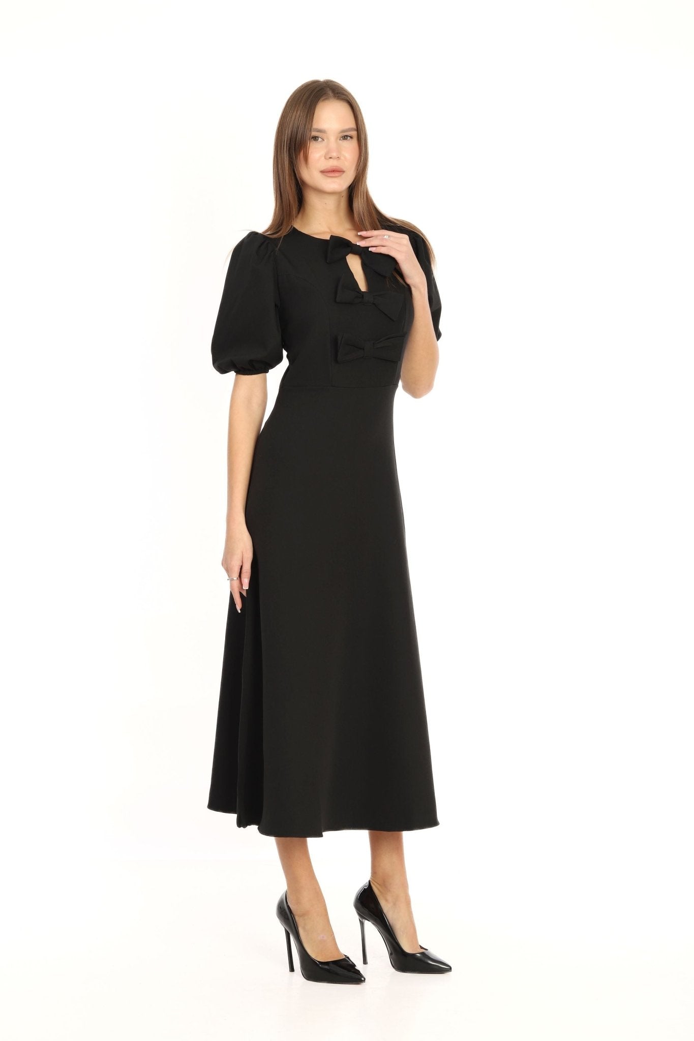 4- فستان سهرة اسود للمحجبات متوسط الطول - Black Bow Midi Dress