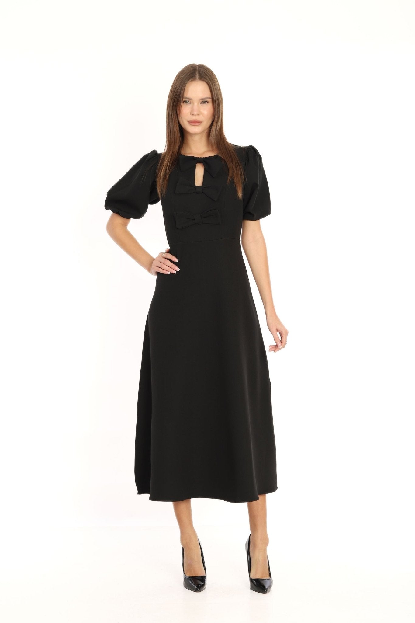 فستان سهرة اسود للمحجبات متوسط الطول - Black Bow Midi Dress