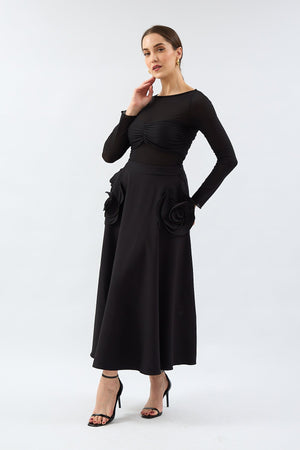 Black Design Rose Detailed Midi Skirt - Lebbse