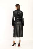 5- معطف اسود نسائي جلد طويل بصميم فريد مع حزام - Black Double breasted Collar Silver Detailed Design Leather Coat
