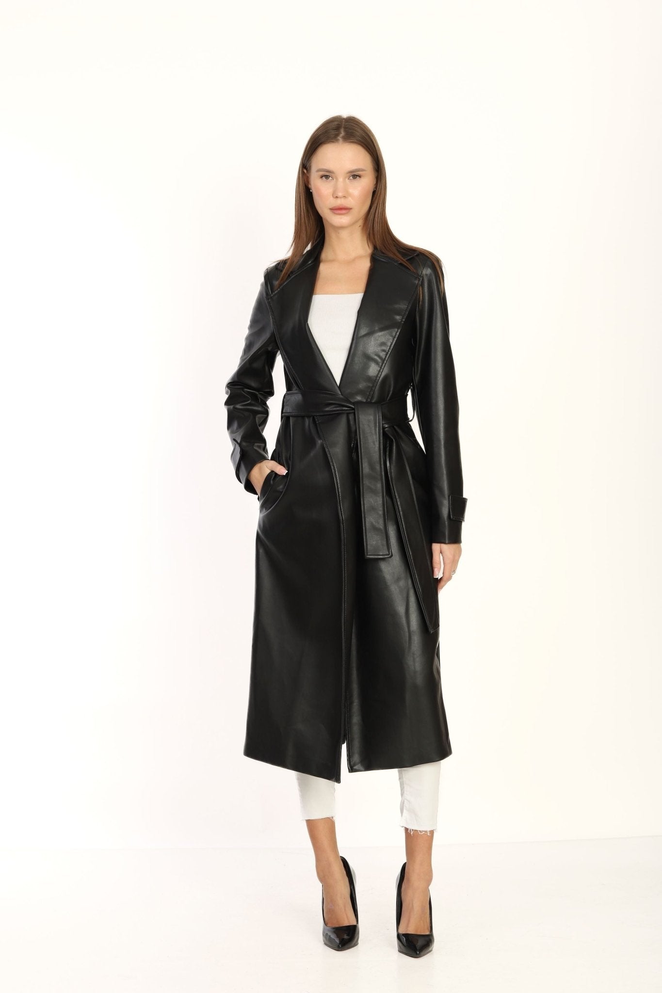 Black Double breasted Collar Silver Detailed Design Leather Coat - Lebbse