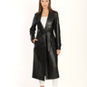 معطف اسود نسائي جلد طويل بصميم فريد مع حزام - Black Double breasted Collar Silver Detailed Design Leather Coat
