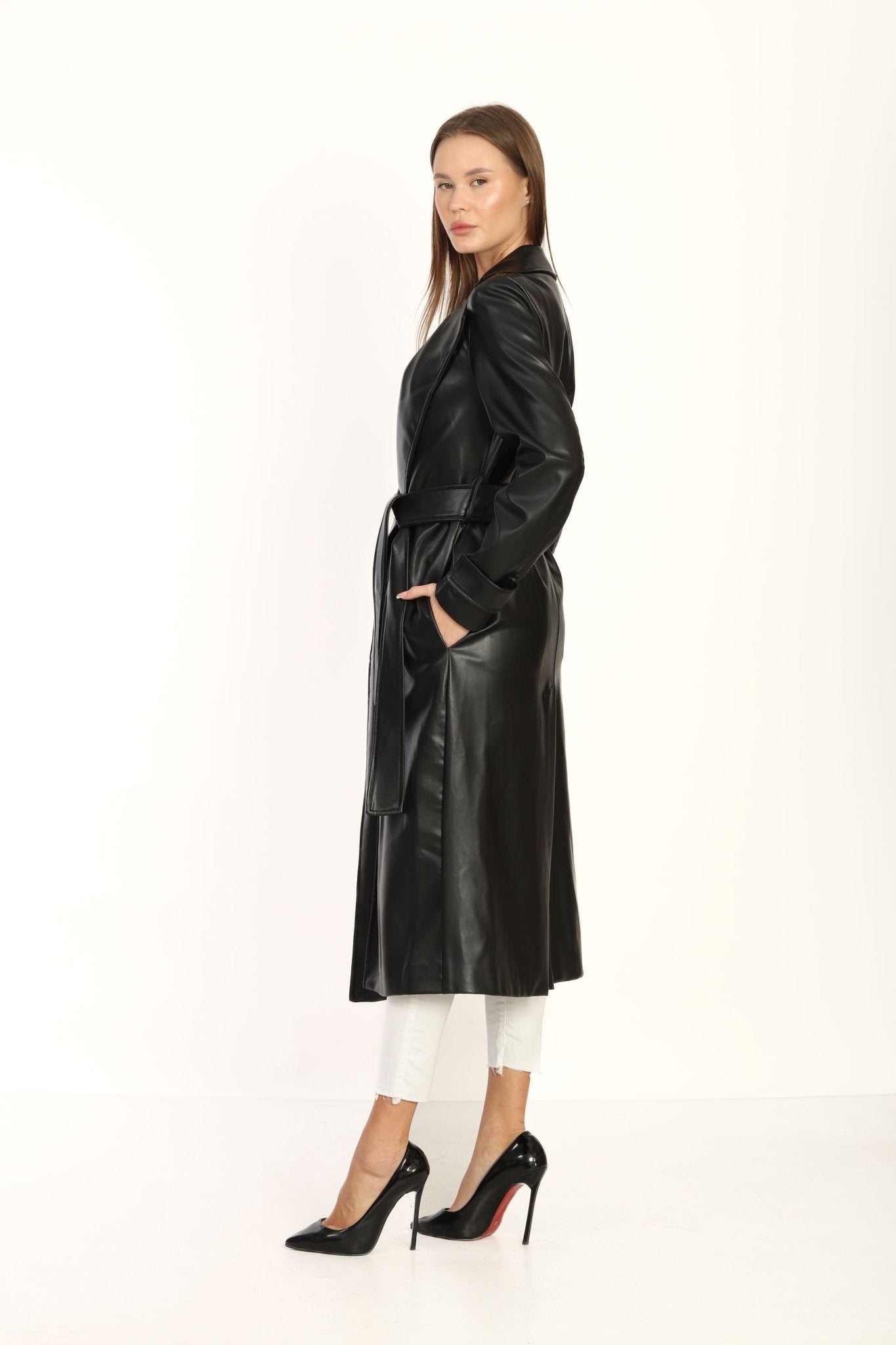 Black Double breasted Collar Silver Detailed Design Leather Coat | CLOTHES | Lebbse Black Double breasted Collar Silver Detailed Design Leather Coat | CLOTHES | Lebbse