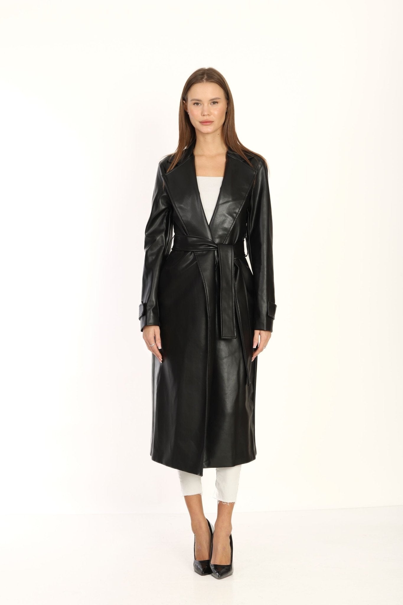 Black Double breasted Collar Silver Detailed Design Leather Coat - Lebbse