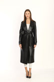 2- معطف اسود نسائي جلد طويل بصميم فريد مع حزام - Black Double breasted Collar Silver Detailed Design Leather Coat