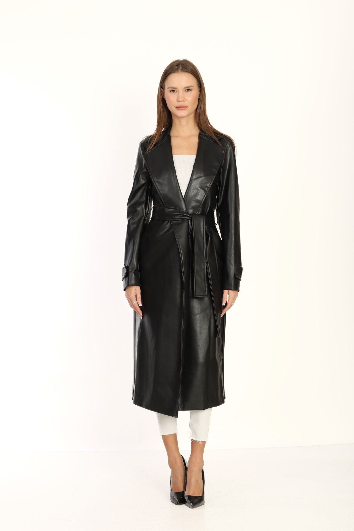 Black Double breasted Collar Silver Detailed Design Leather Coat | CLOTHES | Lebbse Black Double breasted Collar Silver Detailed Design Leather Coat | CLOTHES | Lebbse