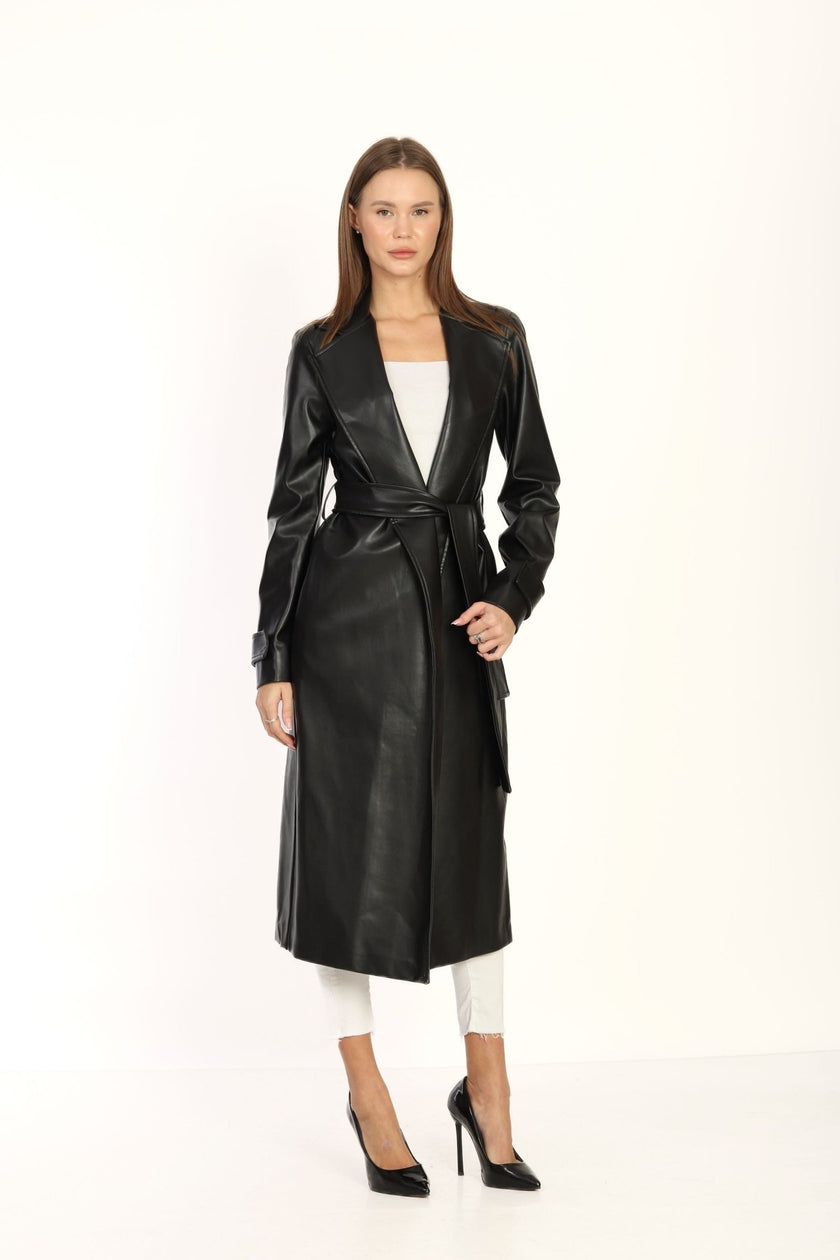 3- معطف اسود نسائي جلد طويل بصميم فريد مع حزام - Black Double breasted Collar Silver Detailed Design Leather Coat