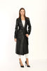 3- معطف اسود نسائي جلد طويل بصميم فريد مع حزام - Black Double breasted Collar Silver Detailed Design Leather Coat