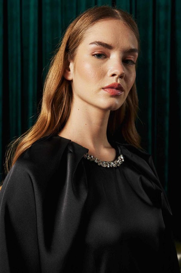 Black Dress with Stone Embroidered Collar - Lebbse