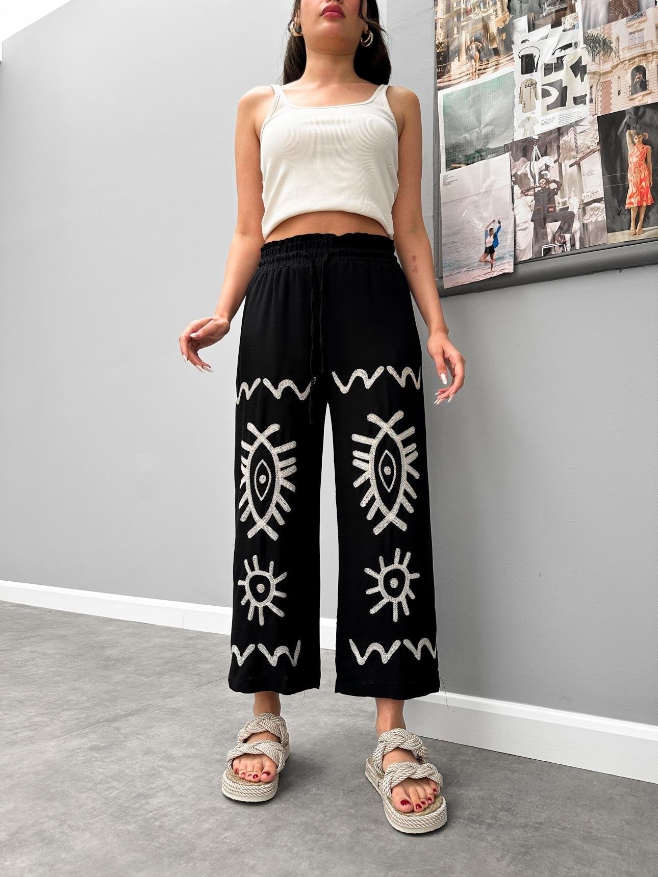 BLACK EMBROIDERED LINEN CASUAL TROUSERS - Lebbse