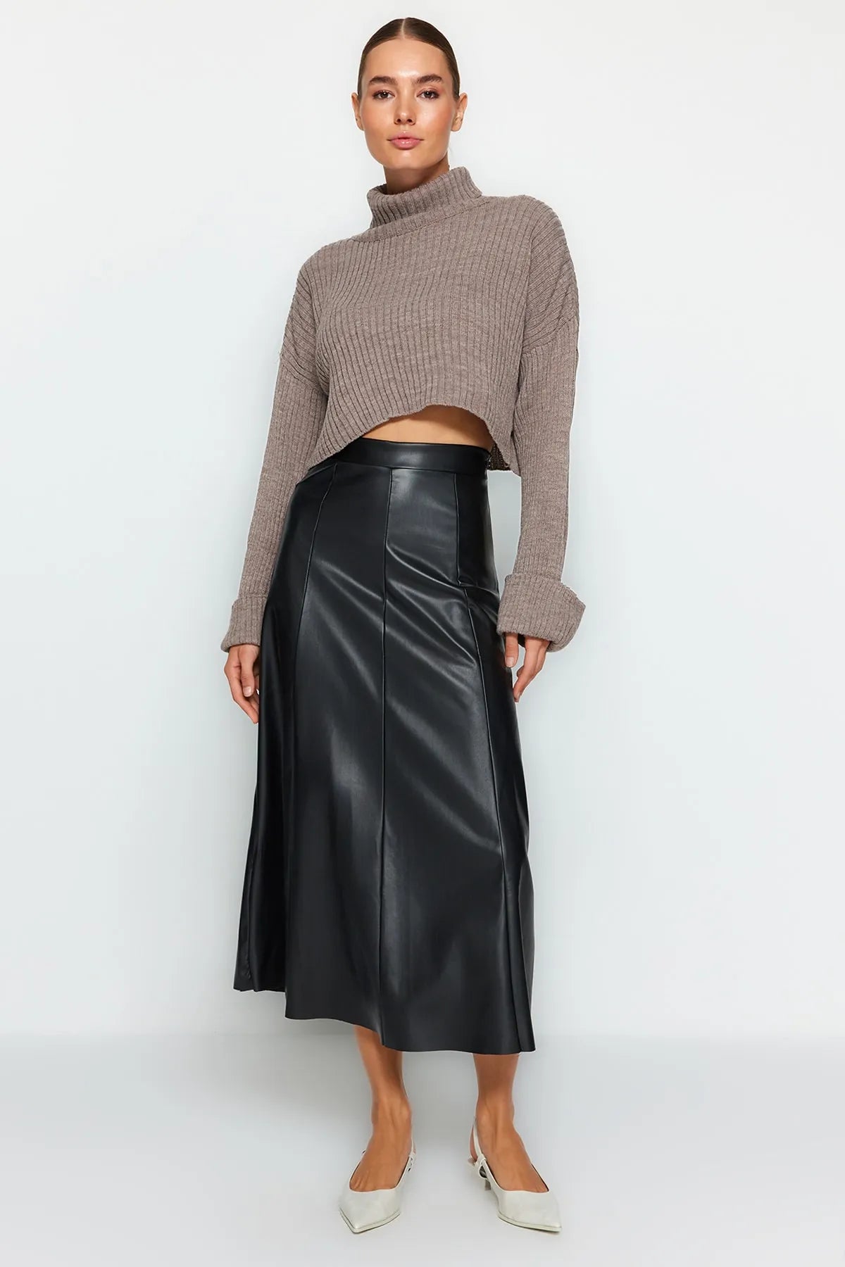 Black Faux Leather High Waist Maxi Skirt - Lebbse