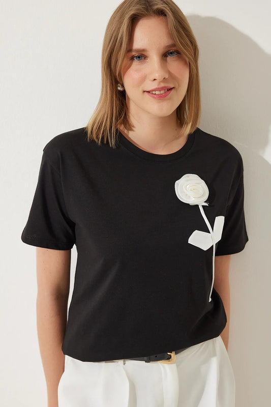 Black Floral Detailed Cotton Oversize T-Shirt - Lebbse