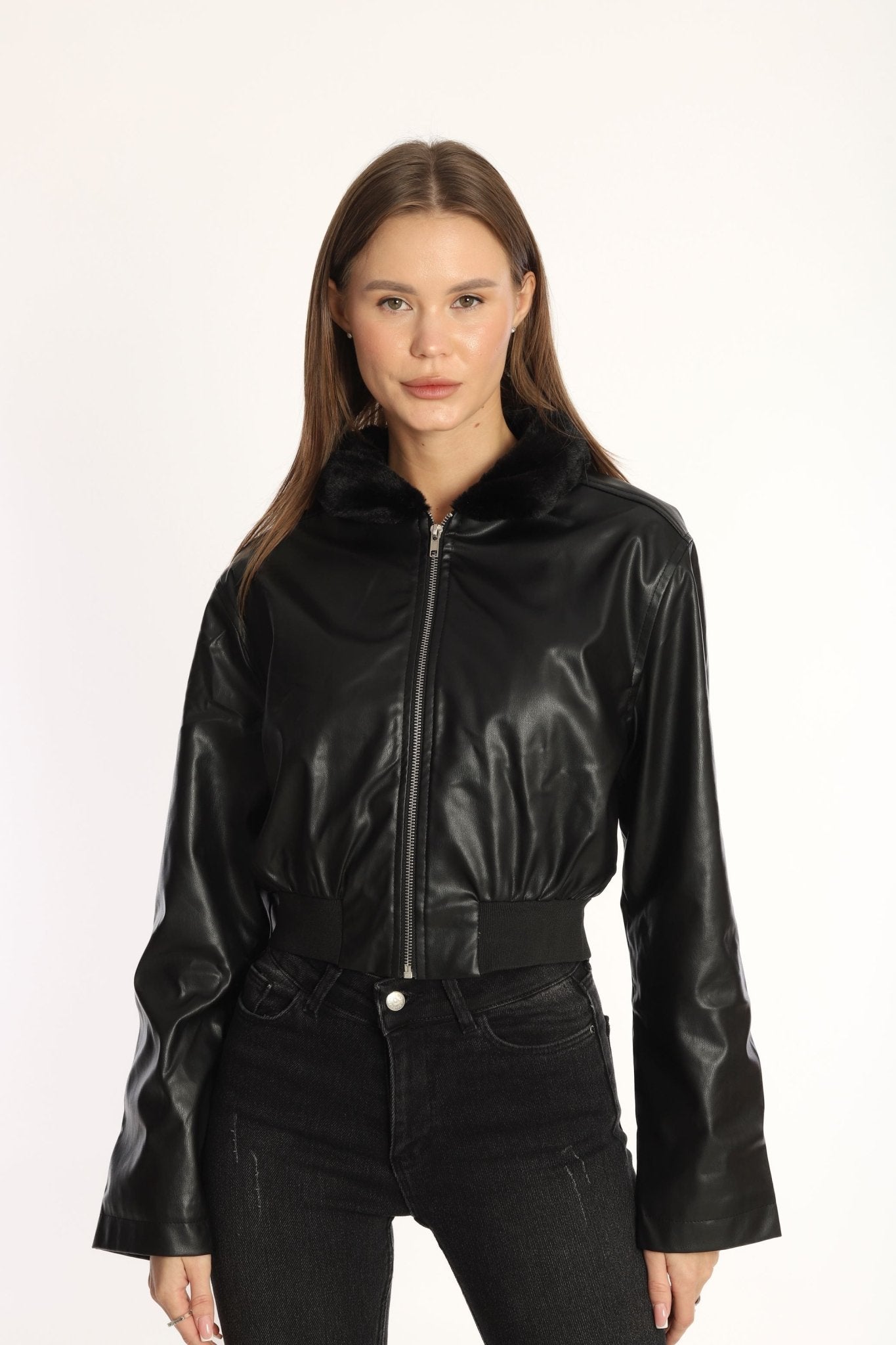 Black Fur Collar Leather Coat - Lebbse