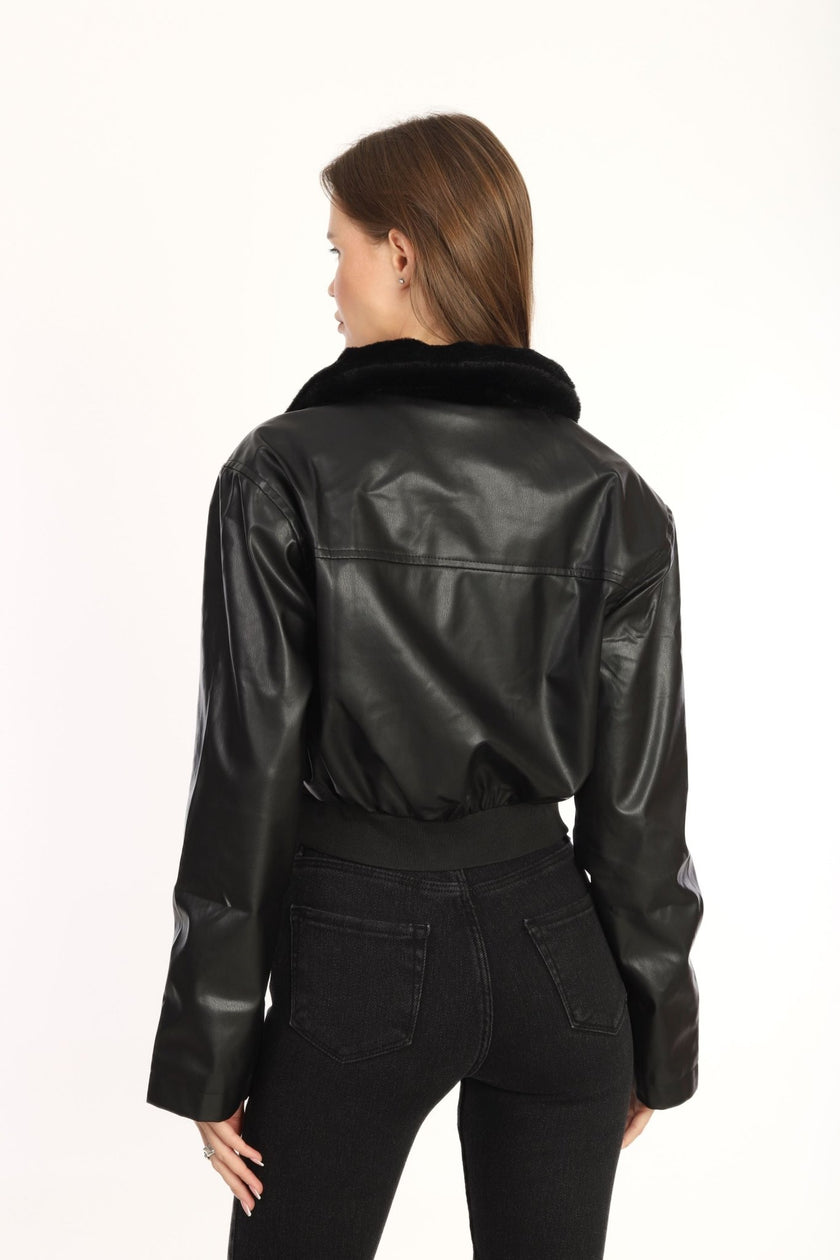 Black Fur Collar Leather Coat - Lebbse