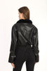 Black Fur Collar Leather Coat - Lebbse