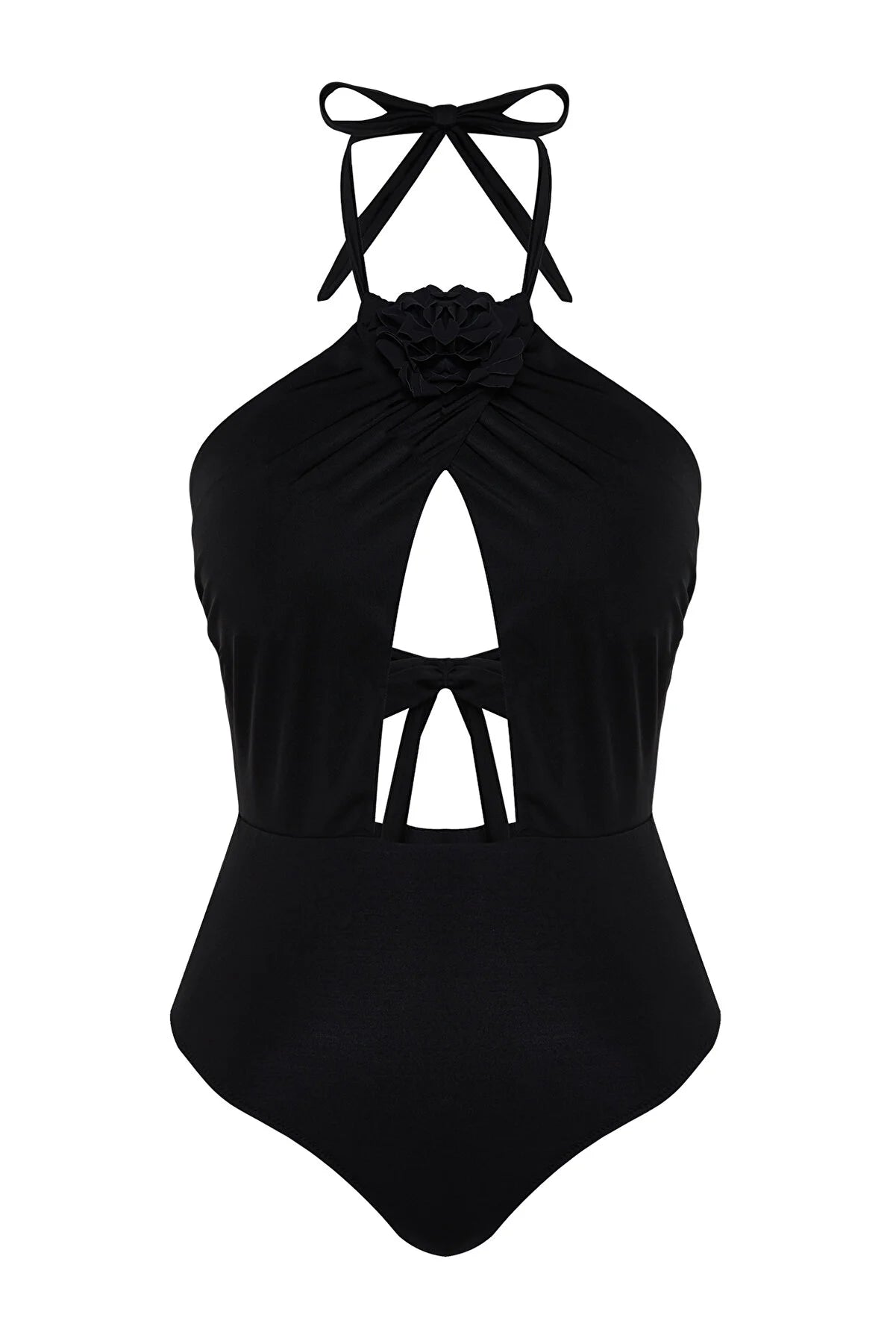 Black Halter Neck Floral Appliqued Regular Swimsuit - Lebbse
