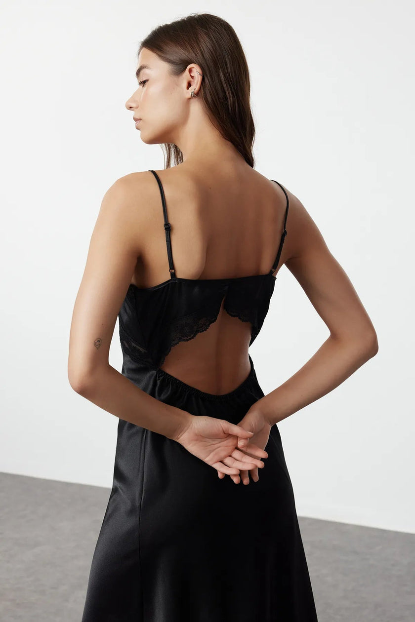 Black Lace Back Detailed Rope Strap Satin Woven Nightgown - Lebbse