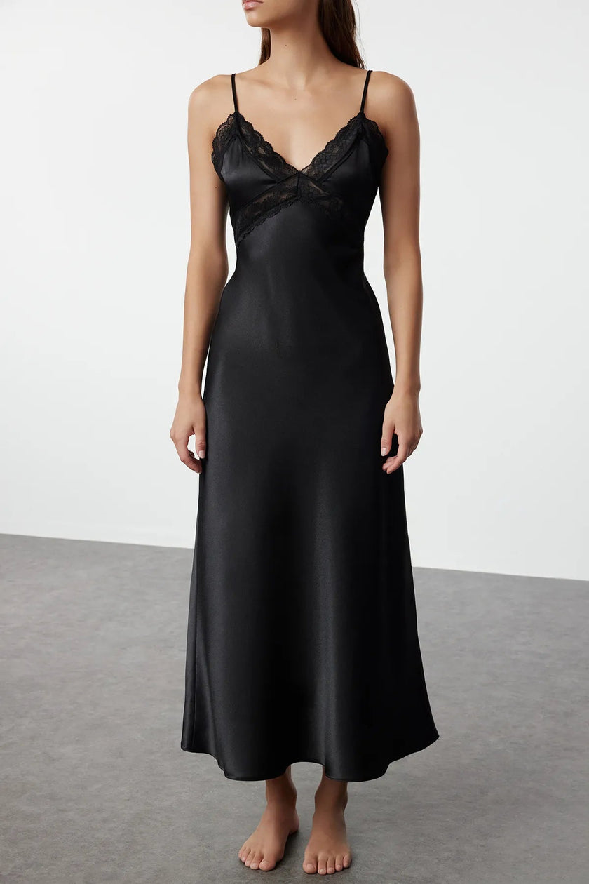 Black Lace Back Detailed Rope Strap Satin Woven Nightgown - Lebbse