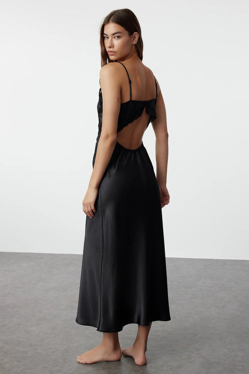 Black Lace Back Detailed Rope Strap Satin Woven Nightgown - Lebbse