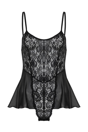 Black Lace Leg Band Rope Suspender Snap Knit Bodysuit - Lebbse
